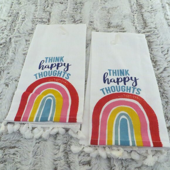 Think Happy Thoughts Rainbow Boho Hand Towels Set Of 2 New - Picture 2 of 6